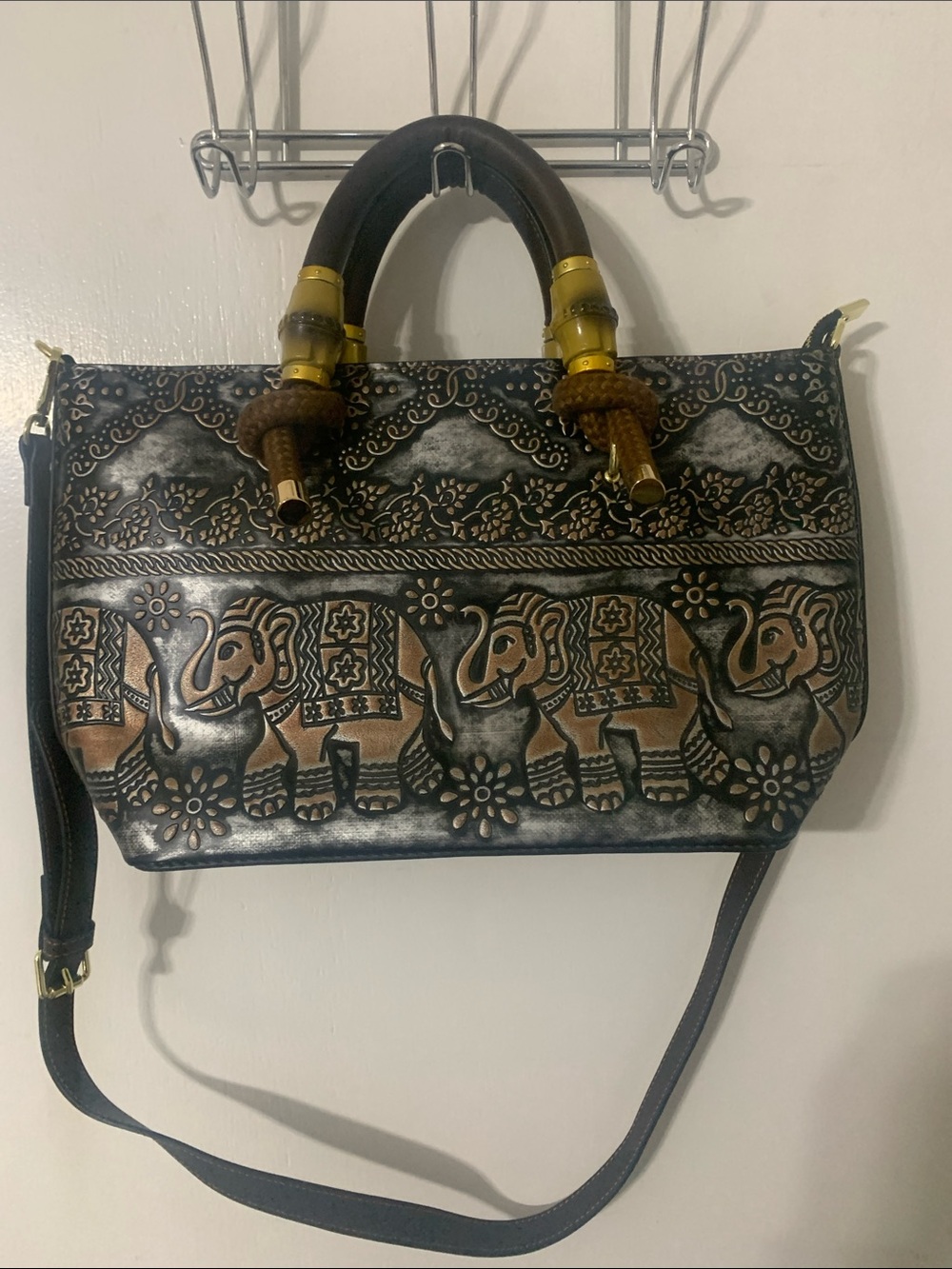 Embroidered Elephant Pattern Leather Satchel - Black & Tan